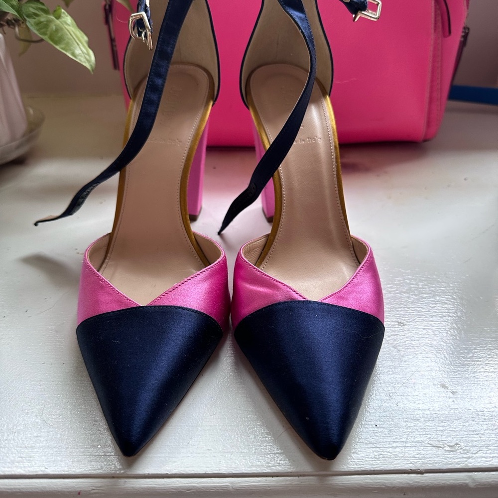J. Crew Pink and Navy Silk Heels